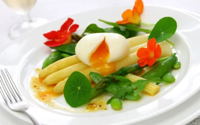 Ensalada templada de espárragos de Navarra y huevo poché