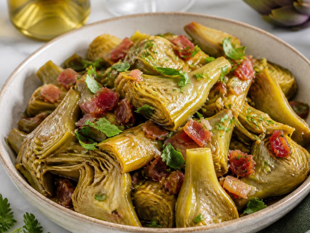 Alcachofas de Tudela salteadas con jamón y vino blanco