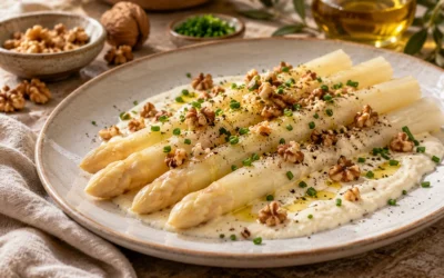 Espárragos blancos de Navarra con crema de queso y nueces